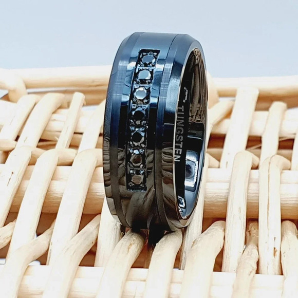 "Black Tungsten Wedding Ring with Black CZ Inlay, GALTUN888 - Picture 1 of 6